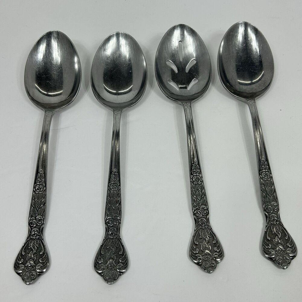 Versailles Stainless Serving Spoons Slotted MCM 8" MSI Flatware Japan Floral